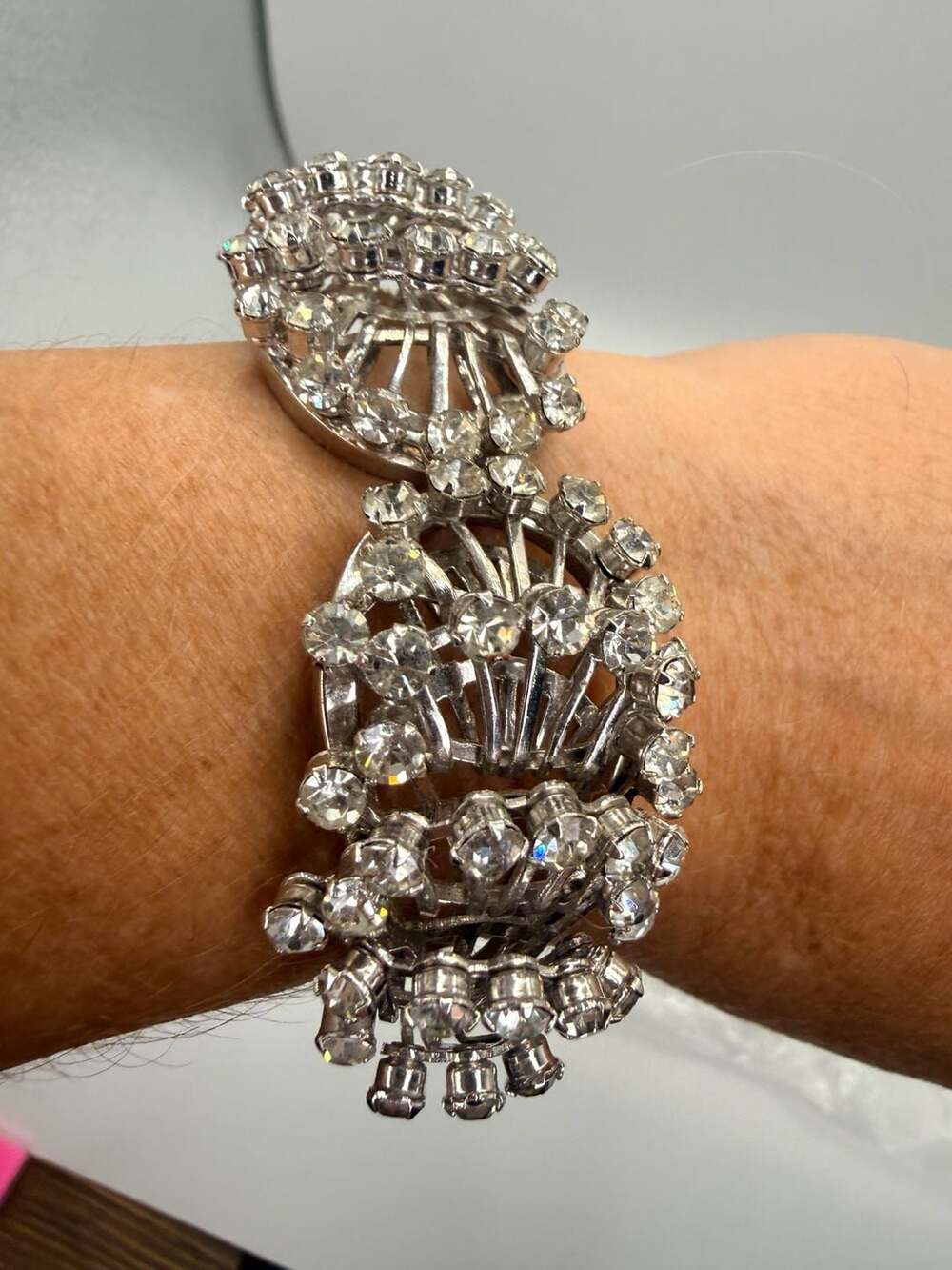 Vintage Clear Rhinestone Clamper Bracelet Size 6.5 Inch